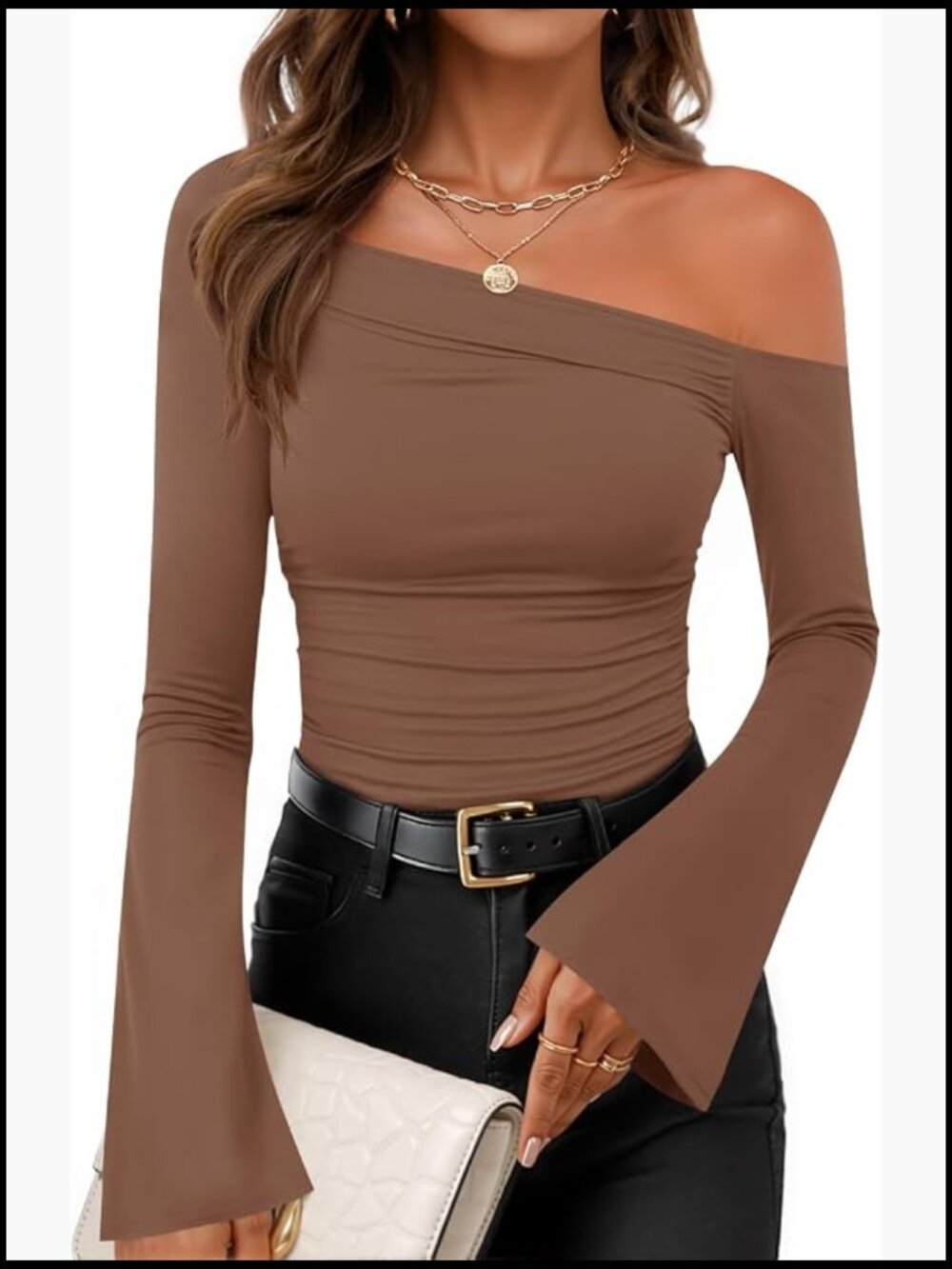 Off Shoulder Bell Long Sleeve Going Out Top Fitted Asymmetrical Ruched Tee